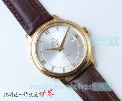 Copy Omega De Ville Swiss 2824 Watch - Silver Dial Brown Leather Strap 